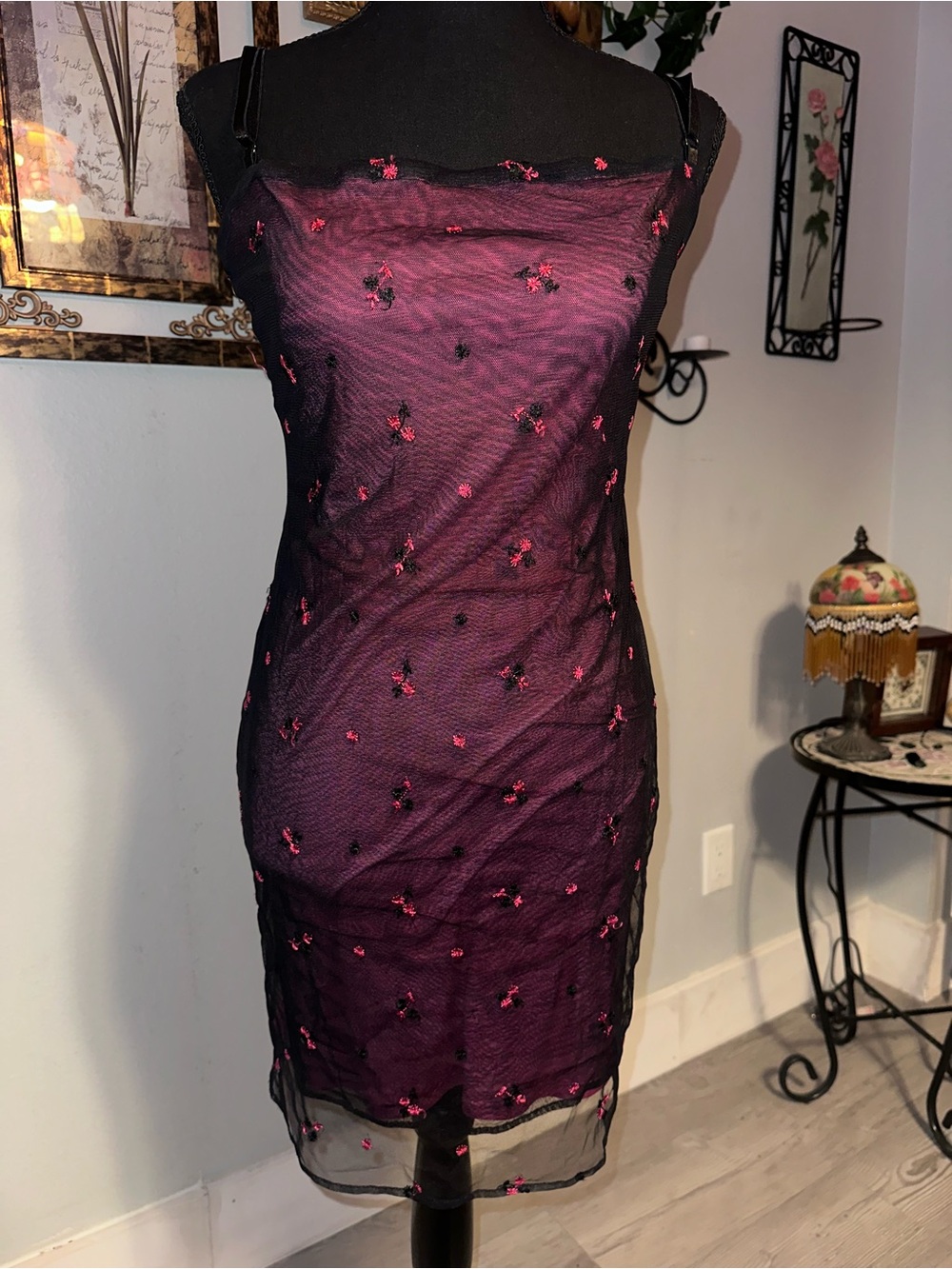 Vtg 90s Laundry By Shelli Segal Black Mesh Midi Dress with Pink Embroidery, Sz 8